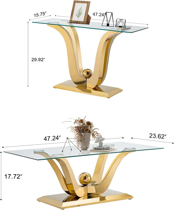 Luxury Glass Coffee Table Set of 2 Piece Gold Living Room Table Set of 2 Including Coffee and Sofa Table Set, Gorgeous Stainless Steel Frame, Clear Glass Top for Living Room Home Office Apartment