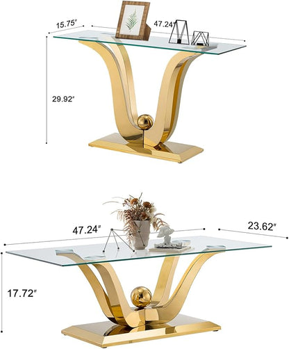Luxury Glass Coffee Table Set of 2 Piece Gold Living Room Table Set of 2 Including Coffee and Sofa Table Set, Gorgeous Stainless Steel Frame, Clear Glass Top for Living Room Home Office Apartment