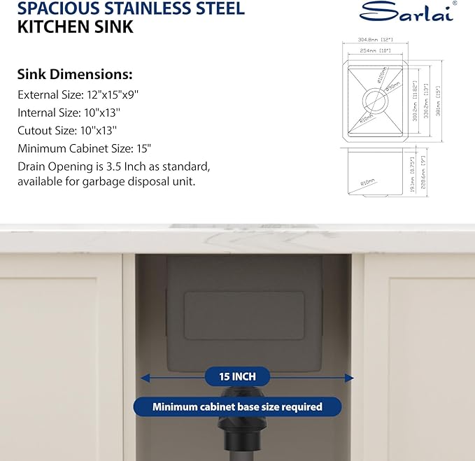 Sarlai 12 Bar Sink Undermount - 12 x 15 Inch Workstation Bar Prep Sink Undermount Single Bowl Tight Radius 16 Gauge Stainless Steel RV Sink Kitchen Sink Basin