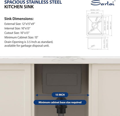 Sarlai 12 Bar Sink Undermount - 12 x 15 Inch Workstation Bar Prep Sink Undermount Single Bowl Tight Radius 16 Gauge Stainless Steel RV Sink Kitchen Sink Basin