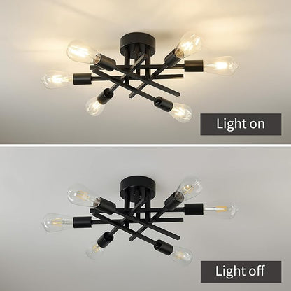 Semi Flush Mount Motion Sensor Ceiling Light Fixture，6 Lights Black Vintage Matte Sputnik Chandelier Ceiling Lamp with E26 Bulb Base for Farmhouse Dining Room Living Room Bedroom Study Kitchen