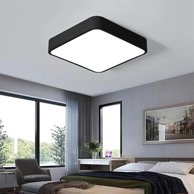LED Ceiling Light Fixture,24 Inch Modern Square Recessed Ceiling Lights, Dimmable Light,64W Black Close to Ceiling Lighting Flush Mount Living Room Bedroom,3000K-6000K