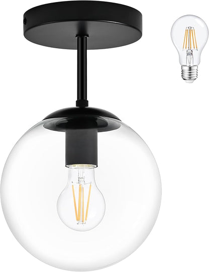 Bagood 8" Black Semi Flush Mount Ceiling Light Fixture Clear Glass Globe Ceiling Light Fixture Hallway Light Fixture Mid Century Ceiling Light Matte Black Finish for Entryway Foyer Kitchen(Bulb Incl.)