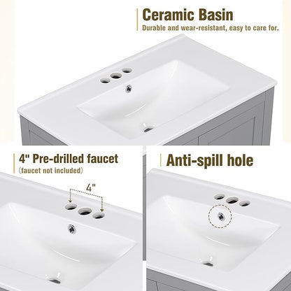 GDFStudio 30" Bathroom Vanity Sink Combo with 1 Drawers & 2 Soft Closing Doors Floor Mount Freestanding Wood Bathroom Storage Cabinet Set with Ceramic Basin Sink Top for Small Bathroom Space, Green