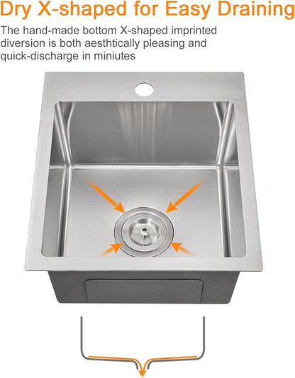 ROVATE 15 x 17 x 8 inch Drop in Bar or Kitchen Sink Single Bowl, Small Kitchen Sink Topmount, 304 Stainless Steel Bar Sinks Overmount Handmade with Basket Strainer