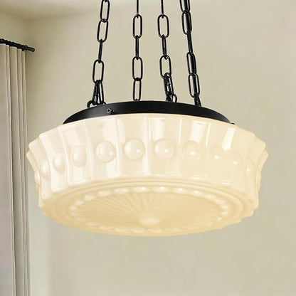 13.8" Milk Glass Pendant Light, Vintage Schoolhouse Chandelier, Mid Century Modern Hanging Ceiling Fixture for Kitchen Island, Dining Room, Bedroom, Hallway, Farmhouse Lighting White Lamp