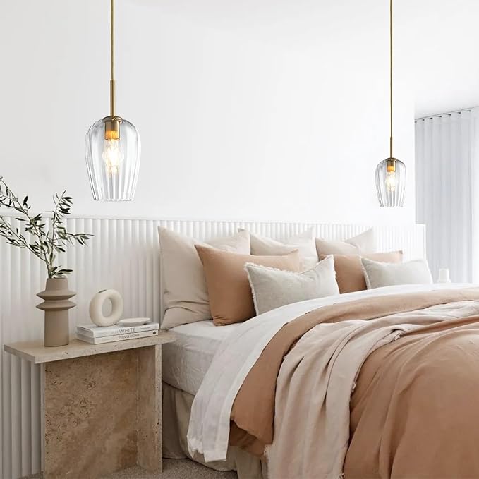 Clear Glass Lampshade Chandelier, Kitchen Ceiling Hanging Lamp Island Light, 5.9" Mini Brushed Gold Modern Pendant Lighting Fixture for Dining Living Room, Entryway