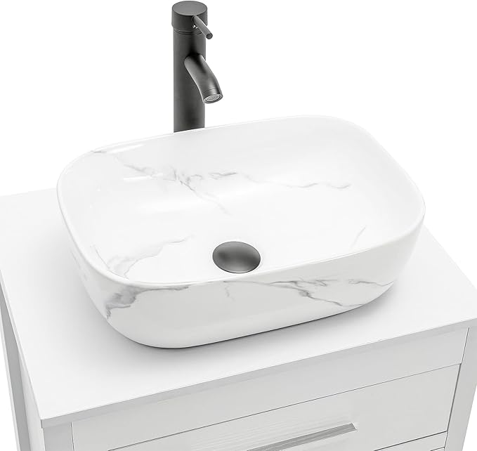 Bathroom Vessel Sink 18'' x 13'' Ceramic Porcelain Bathroom Sink Above Counter Basin Washing Bowl with Faucet Pop up Drain Combo, Marbling Rectangle