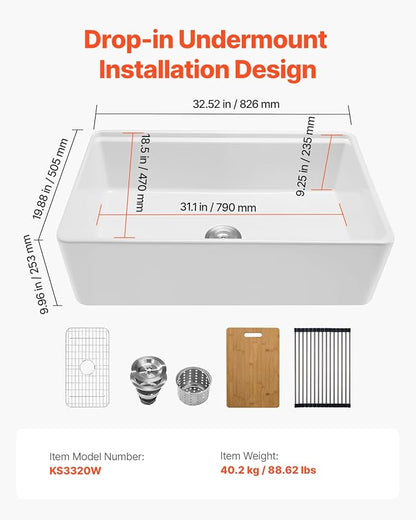 VEVOR 32x20 inch Farmhouse Sink, White Sink Workstation, Fireclay Undermount Basins, Apron Front Single Bowl Basin with Multiple Accessories, Large Capacity Household Dishwasher Sinks for Kitchen
