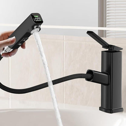 HANLIAN Pull Out Bathroom Faucet 1 Hole with Digital Temperature Display, Single Lever Bathroom Sink Faucet with Pull Down Sprayer, 3 Modes Single Handle Vanity Faucets One Hole with Swivel Spout