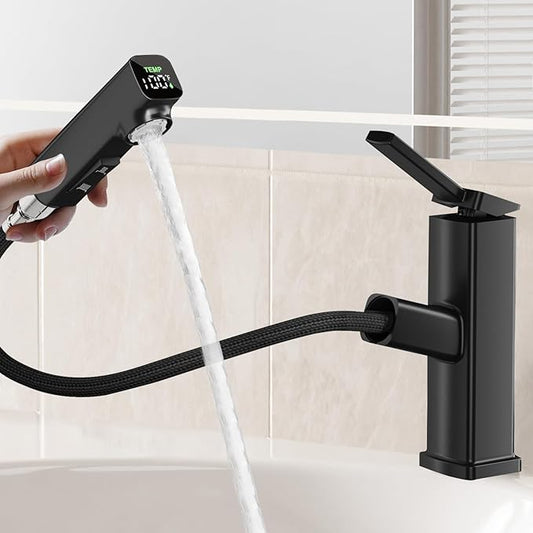 HANLIAN Pull Out Bathroom Faucet 1 Hole with Digital Temperature Display, Single Lever Bathroom Sink Faucet with Pull Down Sprayer, 3 Modes Single Handle Vanity Faucets One Hole with Swivel Spout