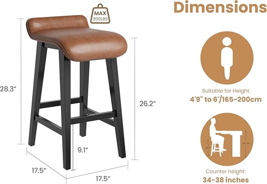 IDEALHOUSE 26.2" Solid Wood Bar Stools Set of 4, Counter Height Bar Stools with Wide PU Leather Upholstered Seat, Barstools Set for Kitchen Islands, Counter Bars, Brown