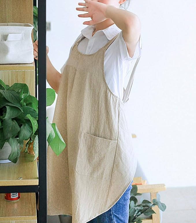 Soft Cotton Linen Apron Cross Back X-Shaped Japanese Style Pinafore Dress for Cooking, Housewarming, Daily Chores