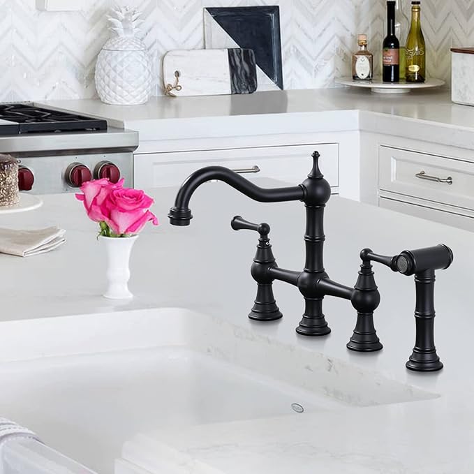 WOWOW Black Kitchen Faucet with Side Sprayer, 4 Hole Brass Kitchen Faucets for Sink, 2 Handle 8 Inch Centerset Bridge Faucet Vintage Farmhouse Copper Kitchen Sink Faucets