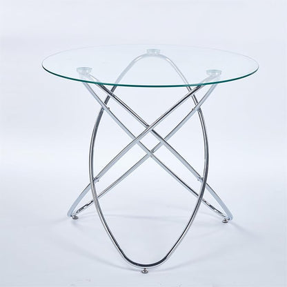 35.4" Round Dining Table for 4, Modern Clear Glass Kitchen Table for 4 with Chrome Metal Legs, Compact Small Circle Dining Room Leisure Tables for Kitchen Apartment