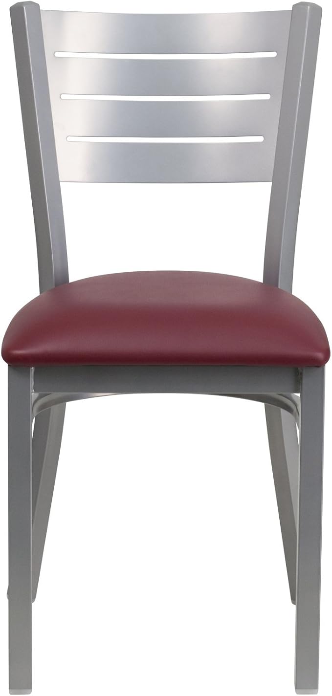 Flash Furniture HERCULES Series Silver Slat Back Metal Restaurant Chair - Black Vinyl Seat