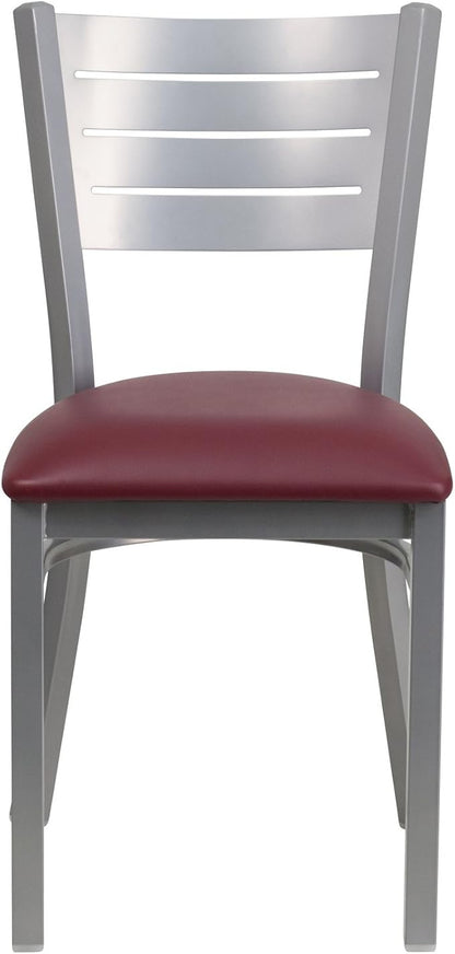 Flash Furniture HERCULES Series Silver Slat Back Metal Restaurant Chair - Black Vinyl Seat