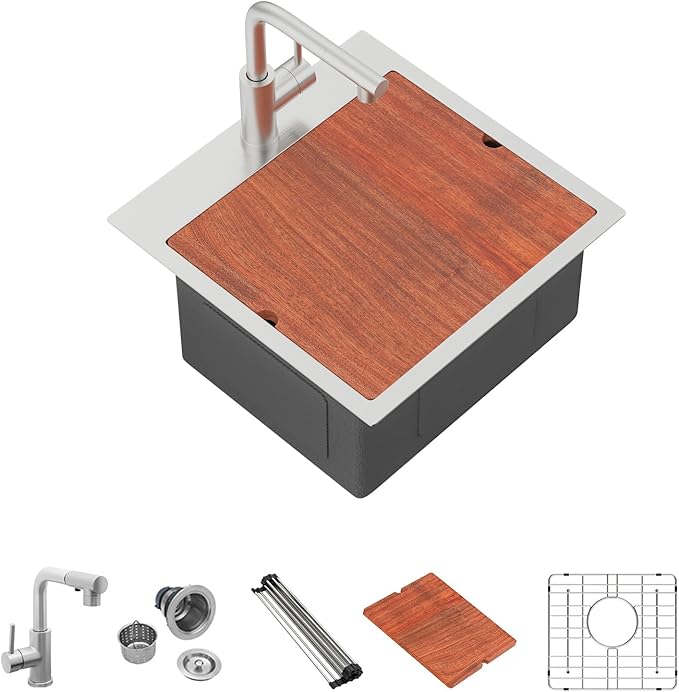 Mocoloo 18 Inch Bar Sink with Faucet, 16 Gauge Drop in Workstation Sink - 18x18x9" Stainless Steel Single Bowl Small Rv Kitchen Sink with Pull-Out Faucet