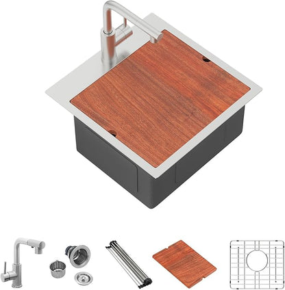 Mocoloo 18 Inch Bar Sink with Faucet, 16 Gauge Drop in Workstation Sink - 18x18x9" Stainless Steel Single Bowl Small Rv Kitchen Sink with Pull-Out Faucet