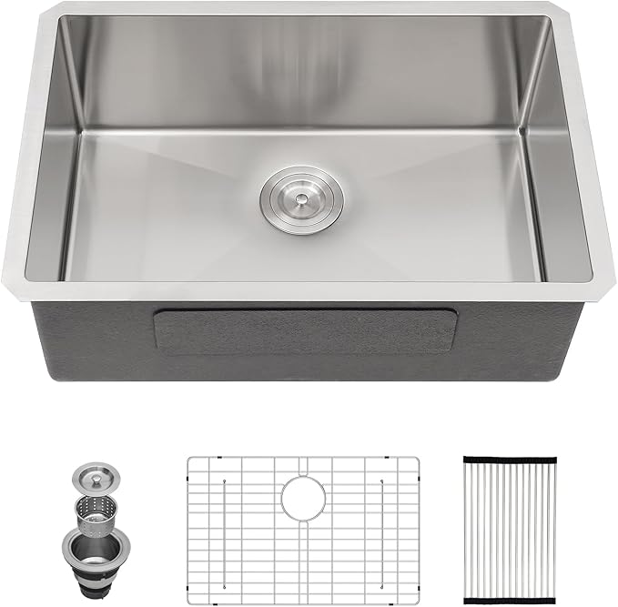 28 Inch Undermount Kitchen Sink 28x18 Stainless Steel Single Bowl Kitchen Sinks 16 Gauge Under Counter Round Corner Handmade Sinks Basin, 28x18x9 Inch