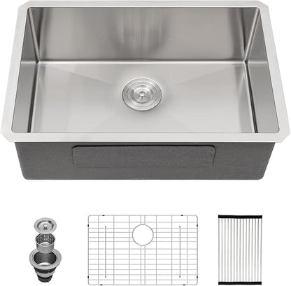 28 Inch Undermount Kitchen Sink 28x18 Stainless Steel Single Bowl Kitchen Sinks 16 Gauge Under Counter Round Corner Handmade Sinks Basin, 28x18x9 Inch
