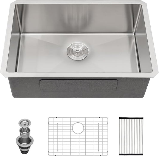 28 Inch Undermount Kitchen Sink 28x18 Stainless Steel Single Bowl Kitchen Sinks 16 Gauge Under Counter Round Corner Handmade Sinks Basin, 28x18x9 Inch