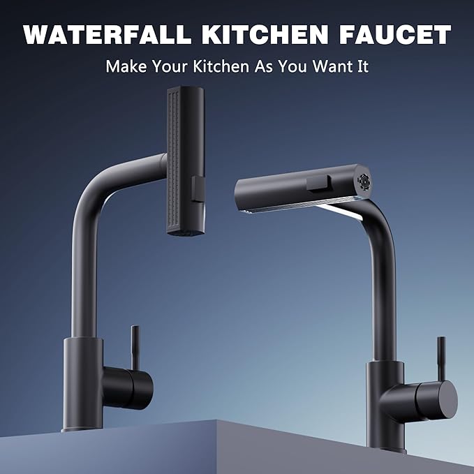 GIMILI Matte Black Kitchen Faucet with Pull Down Sprayer, Waterfall 15“ High Single Handle Kitchen Sink Faucets
