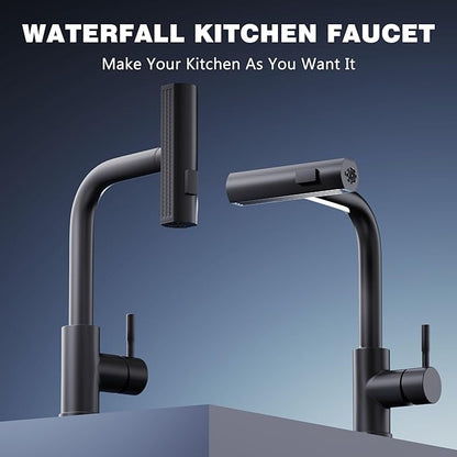 GIMILI Matte Black Kitchen Faucet with Pull Down Sprayer, Waterfall 15“ High Single Handle Kitchen Sink Faucets