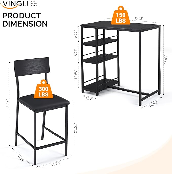 VINGLI Dining Table Set for 2, Kitchen Breakfast Counter Height Small 3 Piece Bar Table and Chairs Set with Storage, Black