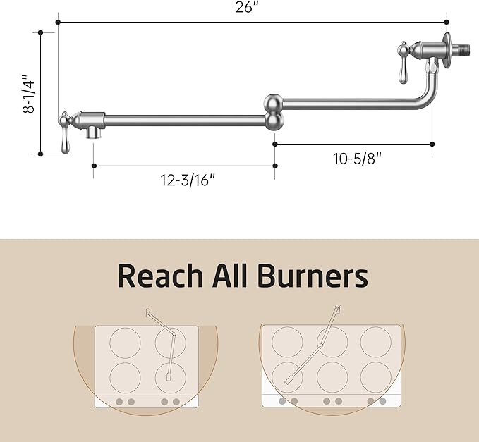 KES Upside Down Pot Filler Faucet with Heat-Resistant Cartridge, 26'' No Leak Over Stove Pot Filler Faucets Double Joints Swing Arm, No Lead, Wall Mount, 18/8 Stainless Steel, Brushed Nickel