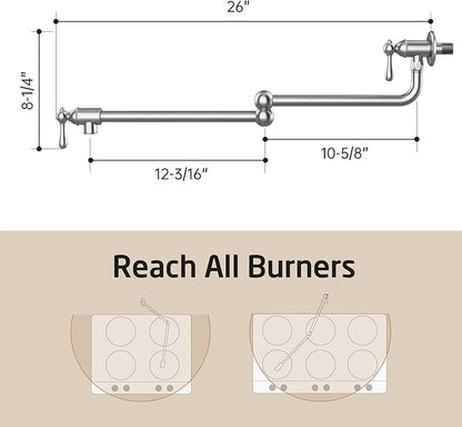 KES Upside Down Pot Filler Faucet with Heat-Resistant Cartridge, 26'' No Leak Over Stove Pot Filler Faucets Double Joints Swing Arm, No Lead, Wall Mount, 18/8 Stainless Steel, Brushed Nickel