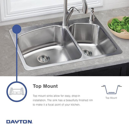 Dayton Stainless Steel 33" x 22" x 8-1/16", 5-Hole Equal Double Bowl Drop-in Sink