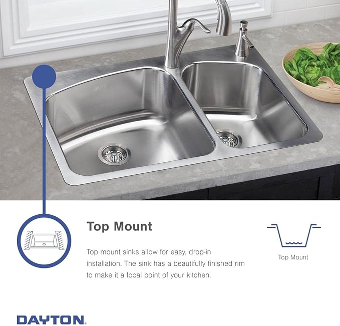 Dayton Stainless Steel 33" x 22" x 8-1/16", 3-Hole Equal Double Bowl Drop-in Sink and Faucet Kit