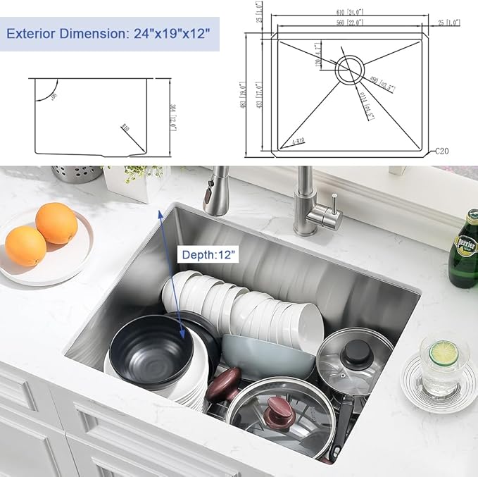 24 Inch Undermount Laundry Sink-Hovheir 24x19x12 Inch Stainless Steel Utility Sink 16 Gauge Stainless Steel Undermount Single Bowl Deep Laundry Room Sinks Outdoor with Bottom Grid