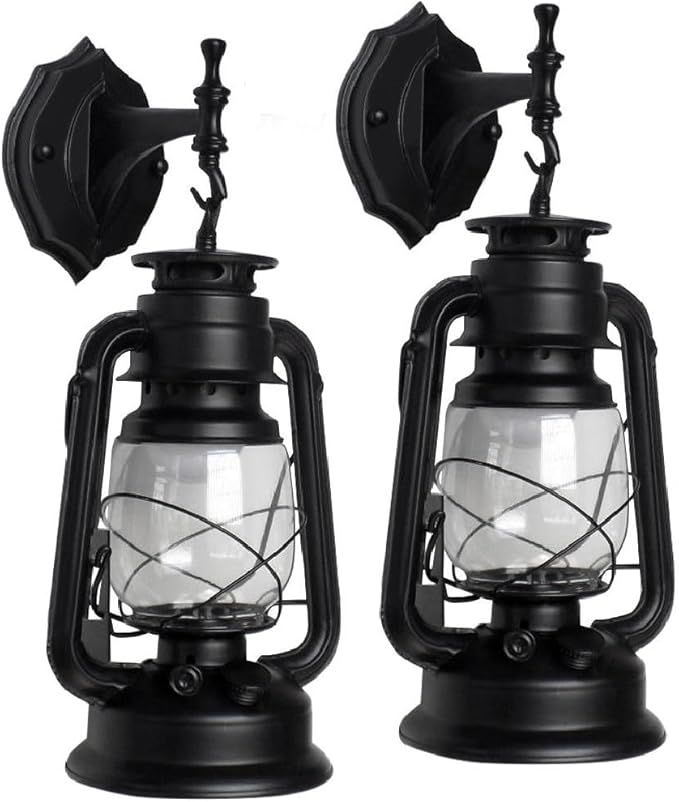 Rustic Wall Sconce Lantern Light, Set of 2 Vintage Wall Lamp, Industrial Wall Sconce, Farmhouse Wall Light Fixtures, Indoor Old Fashioned Lantern for Hallway Farmhouse Loft (Black, 2pcs)