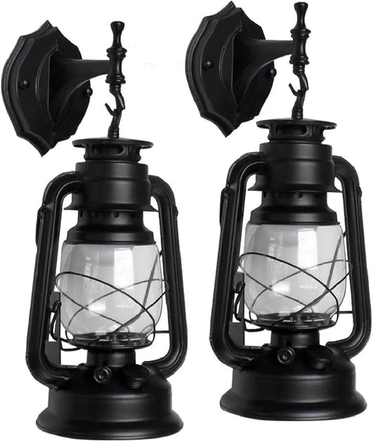 Rustic Wall Sconce Lantern Light, Set of 2 Vintage Wall Lamp, Industrial Wall Sconce, Farmhouse Wall Light Fixtures, Indoor Old Fashioned Lantern for Hallway Farmhouse Loft (Black, 2pcs)
