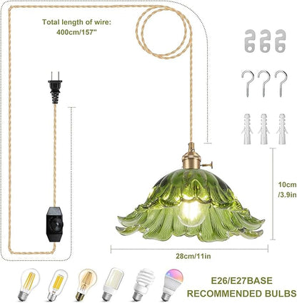 Plug in Pendant Light Fixtures,Hanging Light Fixture Corded On/Off Switch,11 inch E26 Green Glass Lampshade Pendant Lighting for Kitchen Island, Bedroom, Dining Room