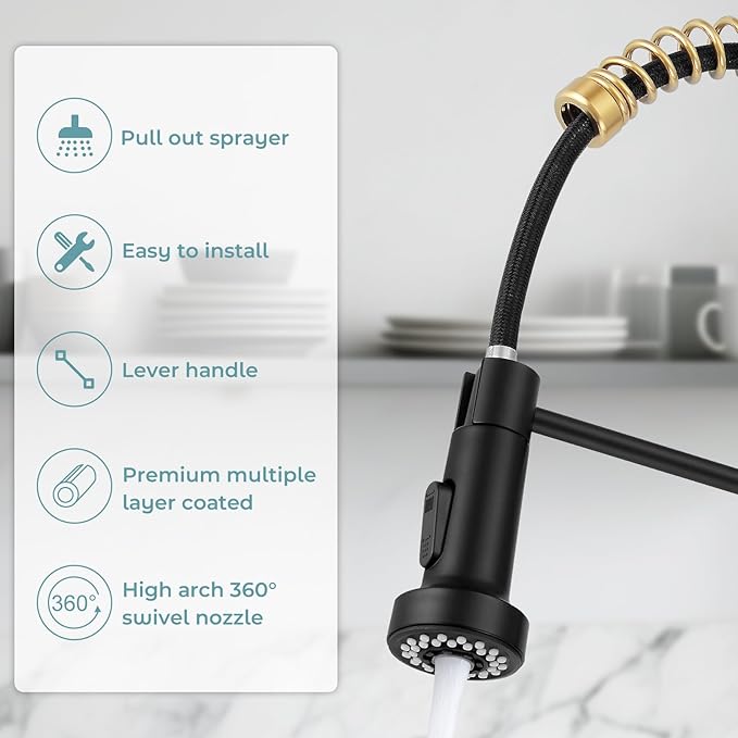 Kitchen Faucet with Pull Down Sprayer,Commercial Single Handle Stainless Steel Kitchen Faucets with Deck Plate (Brush Gold&Black)