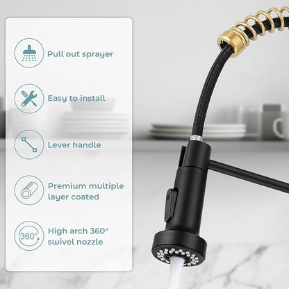 Kitchen Faucet with Pull Down Sprayer,Commercial Single Handle Stainless Steel Kitchen Faucets with Deck Plate (Brush Gold&Black)