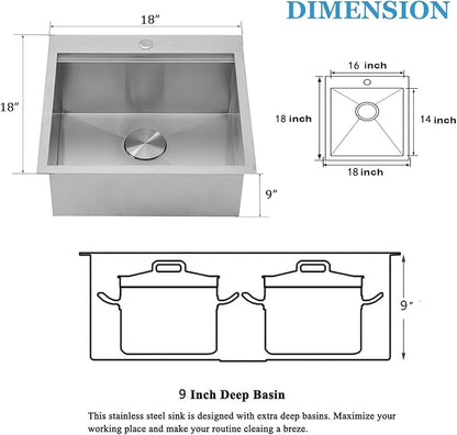 SHACO 18x18 Inch Drop In Bar Sink,18 Inch Small Kitchen Sink,Stainless Steel 16 Gauge Single Bowl Outdoor Laundry Prep RV Sink with Strainer Drain, Brushed Nickel
