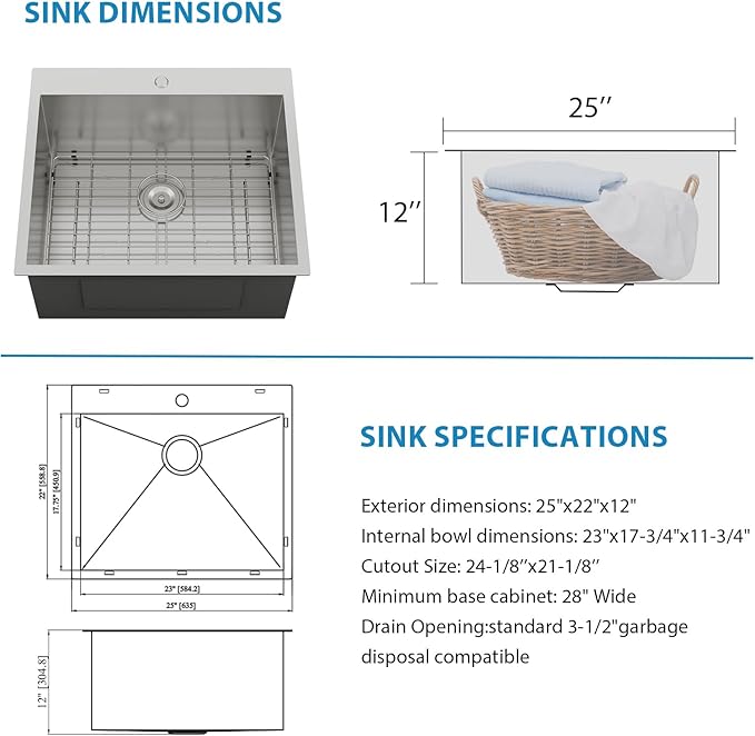 Lordear 25 Inch Drop In Utility Sink Laundry Room T304 16 Gauge Stainless Steel 12 Inch Deep Basin Sink Single Bowl 25x22