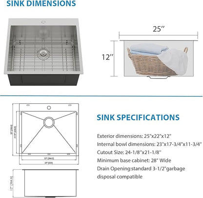 Lordear 25 Inch Drop In Utility Sink Laundry Room T304 16 Gauge Stainless Steel 12 Inch Deep Basin Sink Single Bowl 25x22