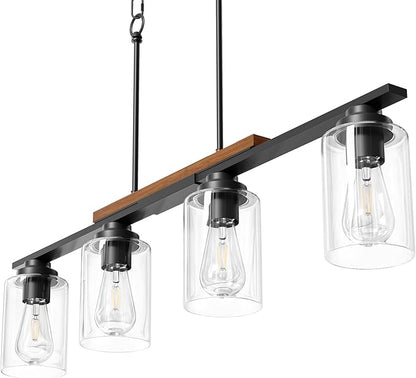 VONLUCE Dining Room Light Fixture Over Table, 4-Light Kitchen Island Lighting with Glass Shade and Adjustable Rods, Farmhouse Linear Chandelier Pendant Light for Kitchen Living Room, Matte Black