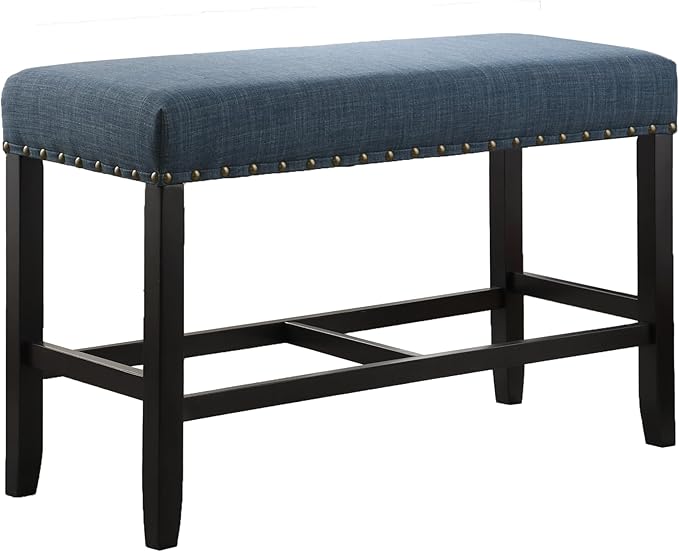 Blue Fabric Counter Height Dining Bench with Nailhead Trim, Ideal for Kitchen Islands and Dining Areas, Durable and Easy to Clean