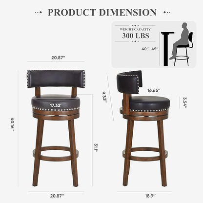 COLAMY Swivel Bar Stool, 30 Inch Counter Height Bar Stool, Wood Modern Upholstered Wooden Barstool with Back for Kitchen Island Dining Room Bar, Dark Brown