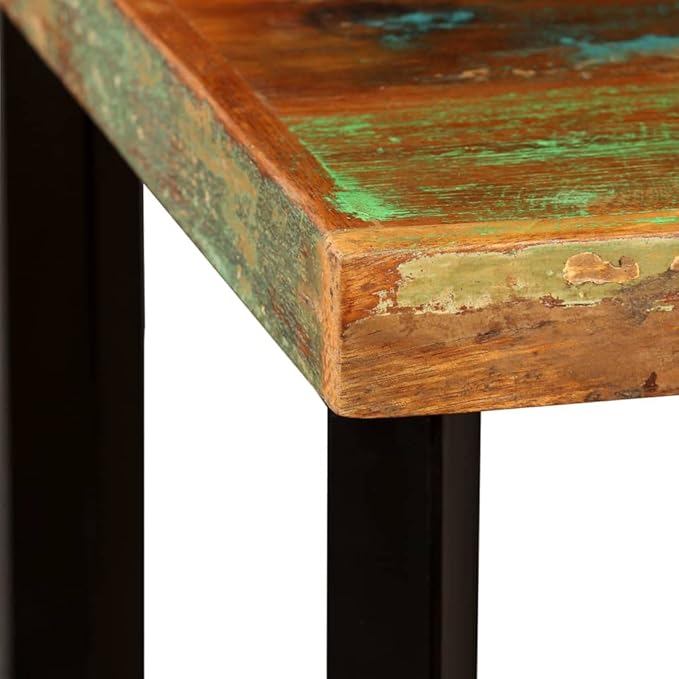 Multicolored Reclaimed Wood Bar Table, Square Black Steel Legs, 23.6x23.6x42.1 inch, Modern Farmhouse Dining Table for Kitchen, Home Bar