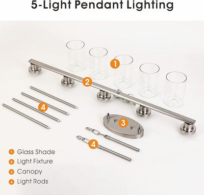 Kitchen Island Pendant Lighting, 5-Light Farmhouse Dining Room Light Fixture Over Table, Brushed Nickel Finish with Clear Glass Shade, Rustic Industrial Linear Chandelier for Kitchen Island