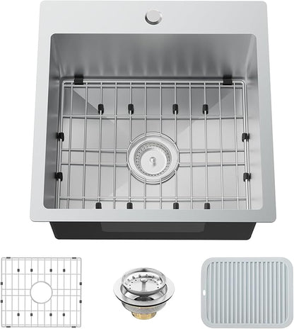 Kitchen And Bar Sink, 18x18 Inch Stainless Steel Drop In Modern Single Bowl Small Kitchen And Bar Sink Combo-SS Grid,Silicon Mat,Drain Strainer Set Compatibility With Various Modern&Classic Style