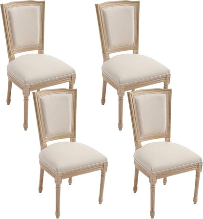 Farmhouse Vintage Dining Chairs Set of 4, Linen Fabric Dining Chairs with Square Rattan Backrest, Kitchen & Dining Room Chairs for Restaurant/Living Room (Beige-Padded, Set of 4)