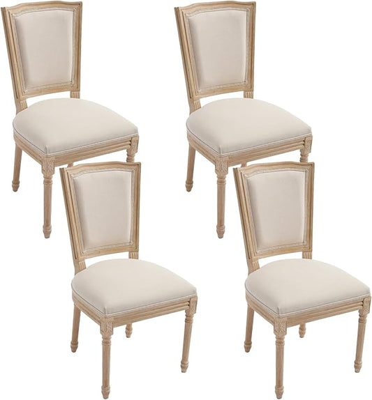 Farmhouse Vintage Dining Chairs Set of 4, Linen Fabric Dining Chairs with Square Rattan Backrest, Kitchen & Dining Room Chairs for Restaurant/Living Room (Beige-Padded, Set of 4)